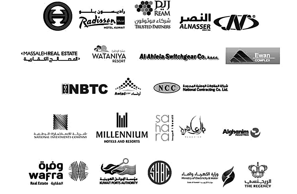 Logos of AZSCO clients including Radisson Blu Hotel Kuwait, Alnasser, Millennium Hotels and Resorts, Kuwait Ports Authority and others